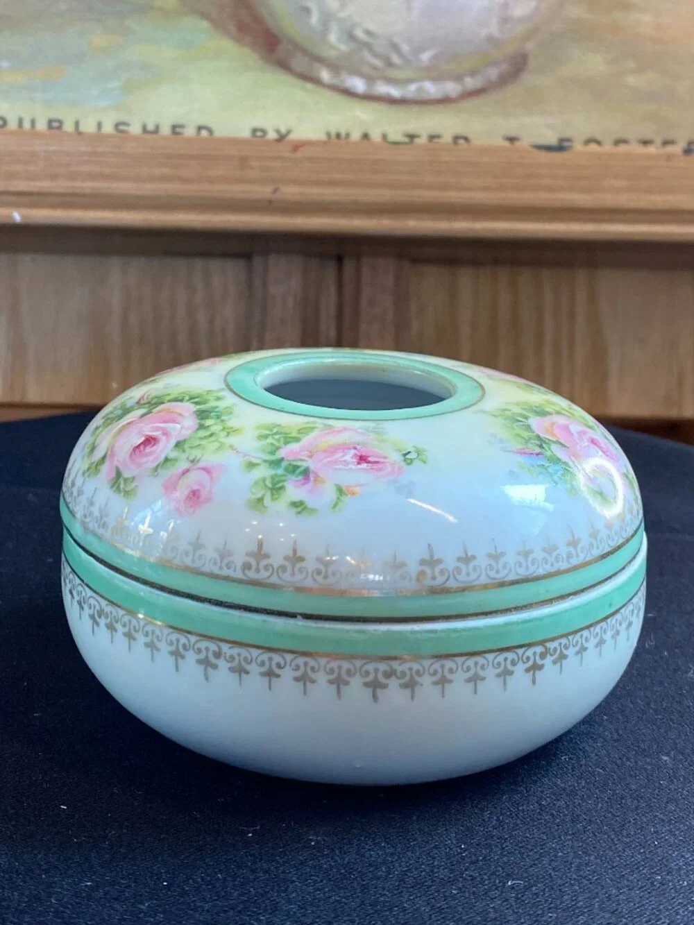 Antique Royal Rundlstadt Porcelain Hair Receiver Green with Roses 1905-1931